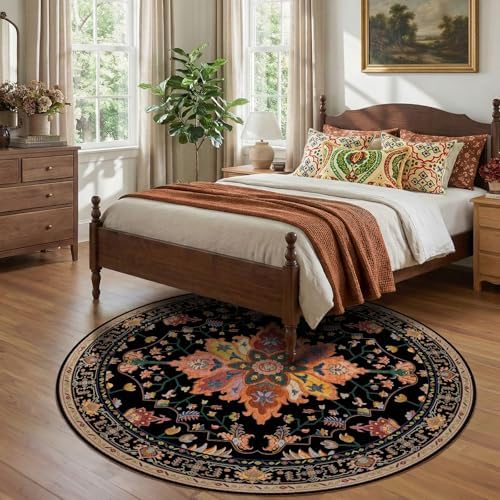 RELEANY Washable Area Rug, Round 7ft, Black/Colorful - Image 3