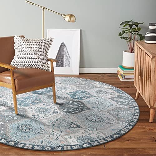 Lahome Moroccan Trellis Round Rug, 5ft, Blue, Faux Wool, Machine Wash, Non-Slip Backing, Low Pile, Floral Pattern, Area Rug for Bedroom, Living Room, Bathroom - Image 6