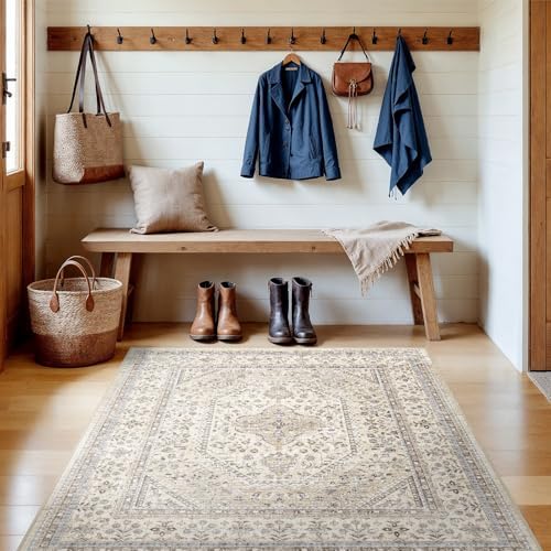 Puino 4x4 Square Washable Area Rug - Non-Slip Vintage Throw Rugs Beige Gray - Image 2