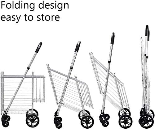 ARLIME Folding Shopping Cart, Double Basket Supermarket Cart with Adjustable Wide Cushion Handle Bar and Swivel Wheels, Suitable for Grocery Book Luggage Travel Laundry, Large Utility Carts (Silver) - Image 4