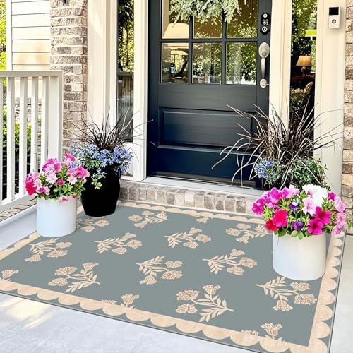 3x5 Floral Entry Rug - Small Washable Indoor Outdoor Mats for Front Door Non-Slip Porch Rug Blue Boho Farmhouse Scalloped Throw Rugs for Living Room Bedroom Entryway Kitchen Office Porch Decor - Image 4