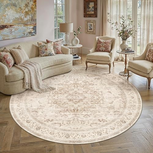 6R Beige Washable Round Rug Non Slip Vintage Carpet by WondRg