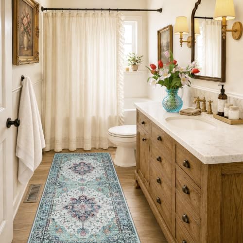 RELEANY Washable Area Rug, Runner 2'x6', Teal Green/White/Navy - Image 2