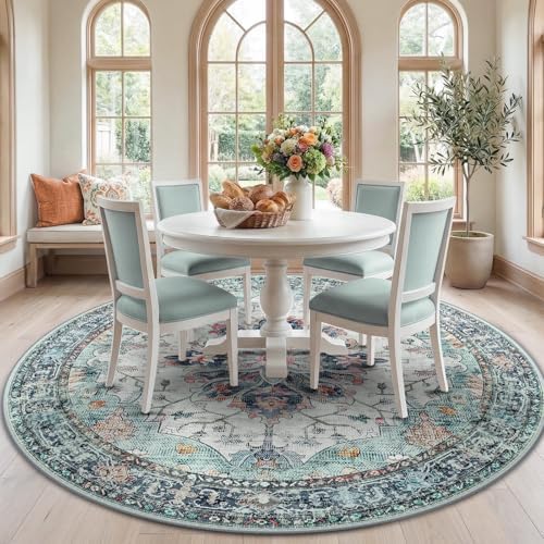 RELEANY Washable Area Rug, Round 7ft, Teal Green/White/Navy by RELEANY
