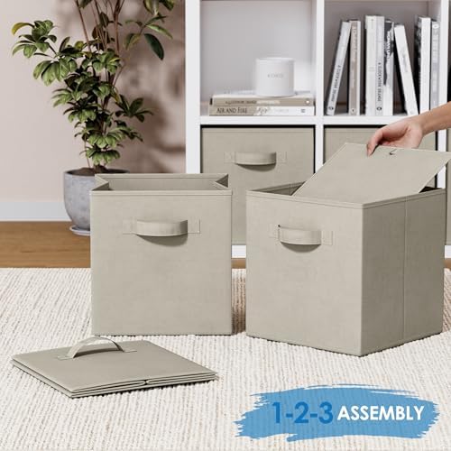 Set of 8 Foldable Fabric Storage Cube Bins | Collapsible Cloth Organizer Baskets Containers | Folding Nursery Closet Drawer | Features Dual Handles | More Beautiful Colors Available (Beige) - Image 6