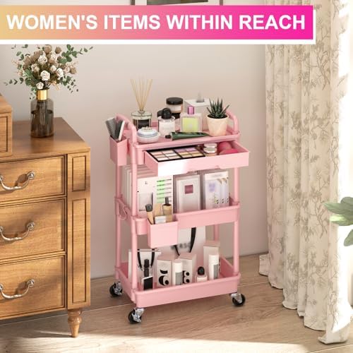 Goovilla 3 Tier Rolling Utility Cart Organizer with Removable Drawer, Pink - Image 5