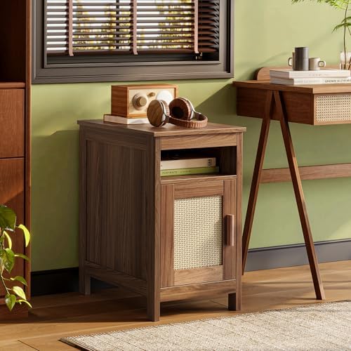 Huuger Narrow Night Stand, End Table with Charging Station, USB-C Port, Rattan Side Table with Cabinet and Open Shelf, Synthetic Rattan, for Small Spaces, Bedroom, Walnut - Image 7