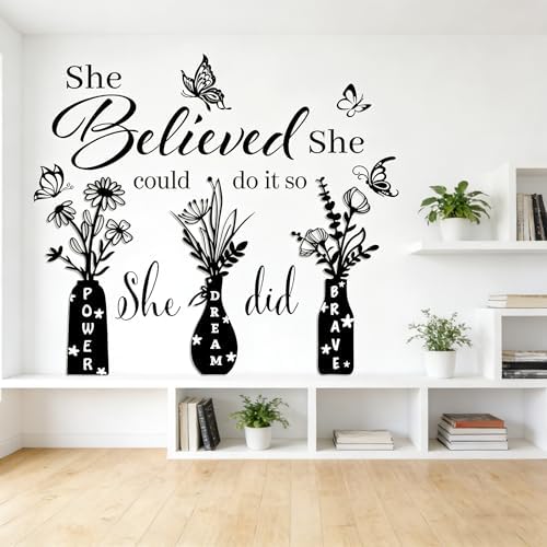 Inspirational Wall Stickers for Women - She Believed She Could Motivational Quote Decal with 3 Floral Vases & Butterflies, Removable Vinyl Decor for Bedroom, Home Office Decor - Image 4