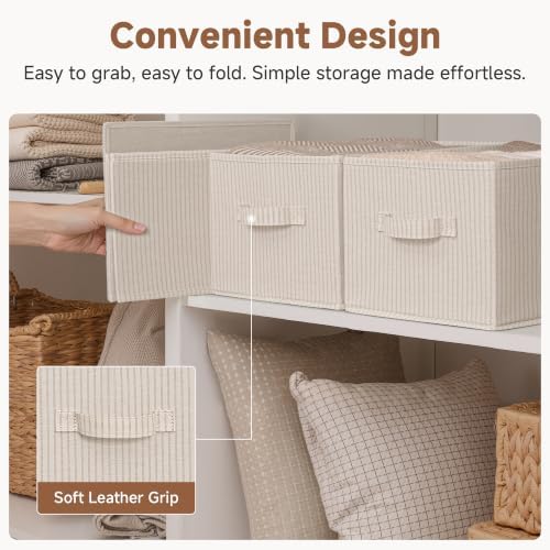 StorageWorks Shelf Organizer Bins, Beige Stripes, 3-Pack, Large - Image 4
