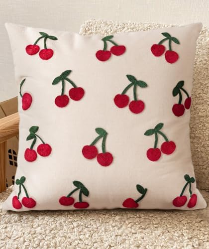 Embroidered Throw Pillow Cover 18x18 Inch, Little Cherry by Kokaaee