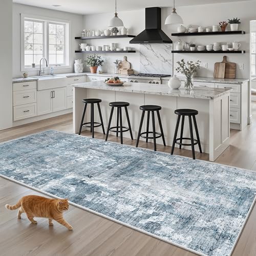 Soalmost Abstract Runner Rug 3x6 Hallway Kitchen Rugs Non-Slip, Blue/Grey - Image 2