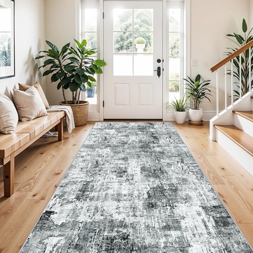 4x8 Washable Area Rug – Non-Slip Rubber Backed Indoor Rug for Entryway, Kitchen, Hallway | Modern Abstract Neutral Low Pile Thin Floor Mat for Bedroom, Living Room, Office（Grey） by ZHXXUJ