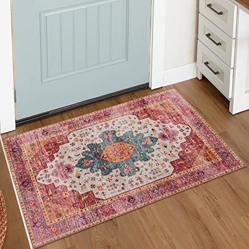 Moynesa Ultra-Thin Washable Pink Area Rug - 2x3 Small Pink Washable Bedroom Rug Entry Mat, Vintage Non-Slip Non-Shedding Low Pile Indoor Throw Carpet for Laundry Living Room Hardwood Floors Kitchen by Moynesa