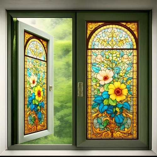 Floral Stained Glass Window Film, Decorative Static Cling Window Privacy Cling, 17.5 x 39.4 Inch Removable No Glue Geometric Leaf Window Film for Bathroom Bedroom Renters by KKYEJLQYI