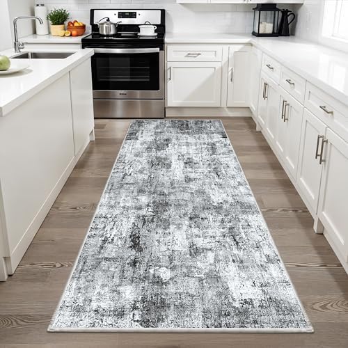 3x6 Washable Wide Runner Rug – Non-Slip Floor Carpet Runner for Kitchen Entryway Hallway Bathroom, Modern Abstract Low Pile Thin Area Rug (Grey) - Image 3