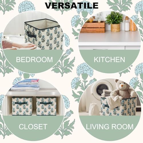 Bokon 6 Pcs 11'' Block Print Storage Bins Cubes Cyan Floral Storage Basket - Image 2