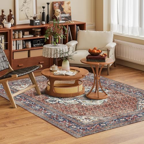 Washable Area Rug 4' x 6' Vintage Traditional Persian Mat - Foldable Distressed Non-Slip Machine Washable Carpet for Living Room Bedroom Kitchen Home Decor - Terracotta and Navy - Image 2