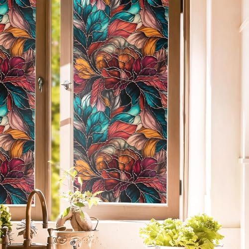 Red Yellow Green Leaf Floral Stained Glass Window Films Decorative Double-Side Privacy Film Self-Adhesive Static Glass Clings for Living Room Bathroom Decor by Unknown