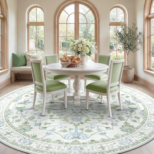 RELEANY Washable Area Rug, Round 8ft, Green/White/Blue - Image 2