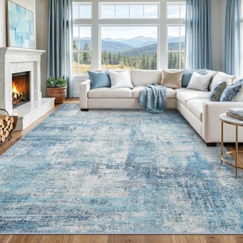 RELEANY Washable 9'x12' Abstract Area Rug for Living Room Teal Blue by RELEANY
