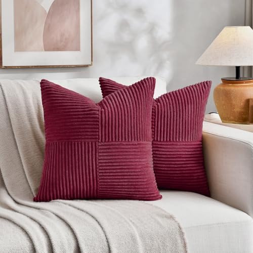 Fancy Homi 2 Packs Burgundy Samll Decorative Throw Pillow Covers 14x14 Inch with for Couch Bed Sofa, Rustic Farmhouse Boho Home Decor, Soft Corss Patchwork Corduroy Square Cushion Case 35x35 cm - Image 5