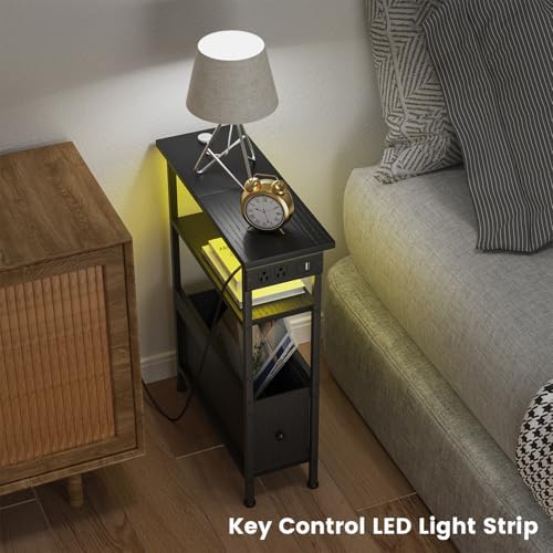 Creso hom Narrow Side Table with Charging Station and LED Light, End Table - Image 6