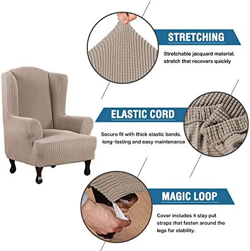 H.VERSAILTEX Wing Chair Slipcover Chair Covers for Wingback Chairs Wingback Chair Covers Slipcovers 1 Piece Stretch Sofa Cover Furniture Protector Soft Spandex Jacquard Checked Pattern, Sand - Image 3