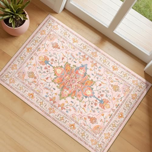 RELEANY Washable Area Rug, Small 2'x3', Pink/Light Pink/Colorful by RELEANY