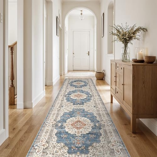Ksrau 3x10 Runner Rug Washable Vintage: Non Slip Hallway Runners Blue/Beige - Image 2