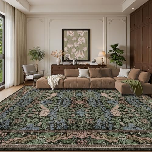 8x10 Area Rug Living Room: Soft Floral Washable Carpet Brown Green - Image 2