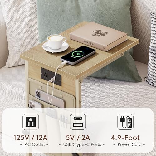 Vagusicc C Shaped End Table with Charging Station, Adjustable Height C Table End Table, Small Side Table for Couch, Couch Table Slide Under Sofa Table TV Tray Arm Table for Living Room,Bedroom,Natural - Image 7