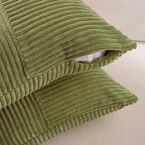 Fancy Homi 2 Packs Moss Green Lumbar Decorative Throw Pillow Covers 14x24 Inch for Couch Bed, Rustic Farmhouse Boho Home Decor, Soft Striped Corduroy Rectangle Accent Cushion Case 35x60 cm - Image 3