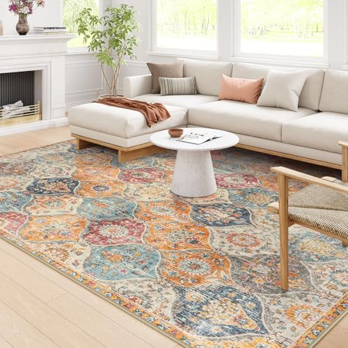 Lahome Moroccan Washable Area Rugs 8x10, 8x10 Rugs for Living Room Bedroom, Non Slip Low Pile Distressed Stain Resistant Rug for Kids Pets High Traffic Areas Elise, Burnt Orange by Lahome