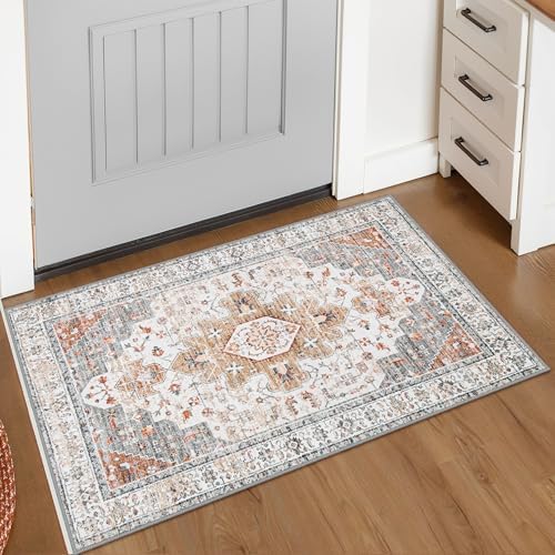 Moynesa Ultra-Thin Washable Entryway Rug 2x3 Rug, Small Kitchen Rugs for Entryway Indoor Non Slip, Vintage Throw Mat for Front Door Entrance Bathroom Laundry Room, Beige/Gold by Moynesa