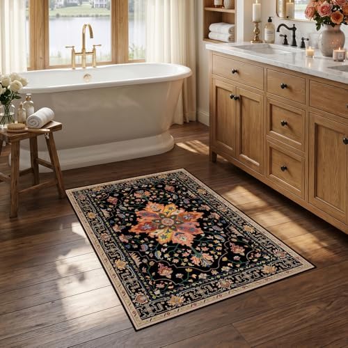 RELEANY Washable Area Rug, Small 2'6"x4', Black/Colorful by RELEANY