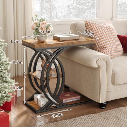 C Shaped End Table, Bed Side Table, 3-Tier Side Table with Metal Frame, Wood End Table with Storage for Living Room, Couch, Sofa, Bedroom, Easy Assembly, 23.6" D*11.8" W*23.6" H, Rustic Brown - Image 3