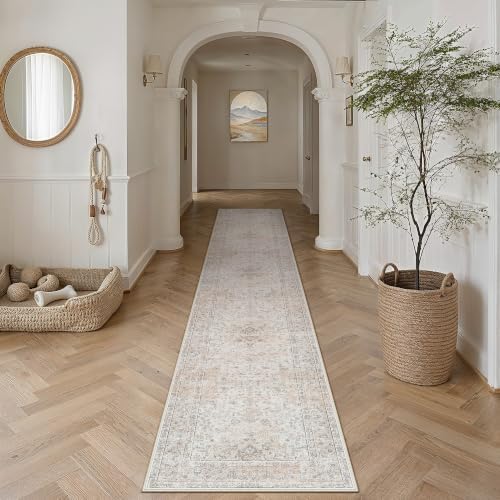 2'6x12 Washable Runner Rug Beige Grey Non Slip Vintage Carpet by WondRg