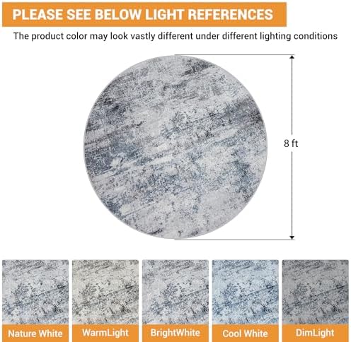 Aelenmu Round Rug 8ft Washable Rug for Dining Room Living Room Blue Grey - Image 2