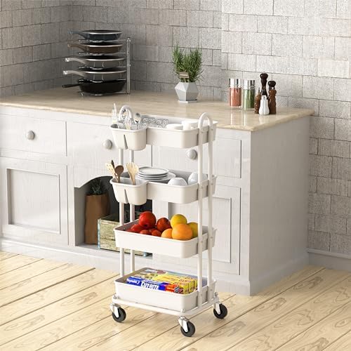 Simple Houseware 4-Tier Rolling Utility Cart with Hanging Bucket, White - Image 4