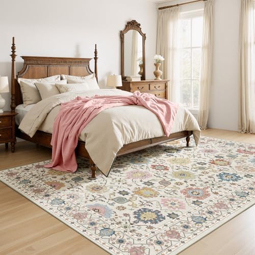 AMADA HOMEFURNISHING 9x12 Area Rug for Living Room, Vintage Washable Area Rug Low-Pile & Non-Slip Carpet for Bedroom Dining Room Nursery Home Office, Beige/Multi - Image 3