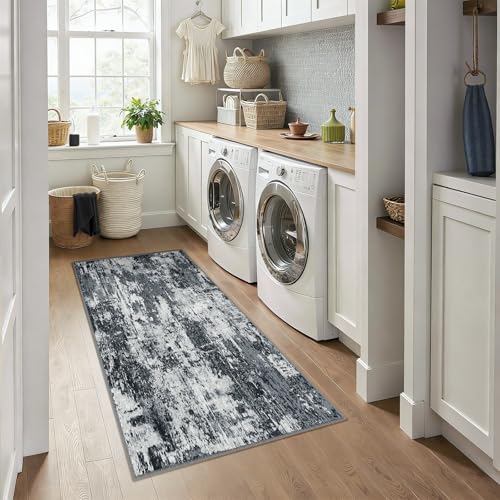 RELEANY Washable Runner 3'x6' Abstract Area Rug for Hallway Black White - Image 2