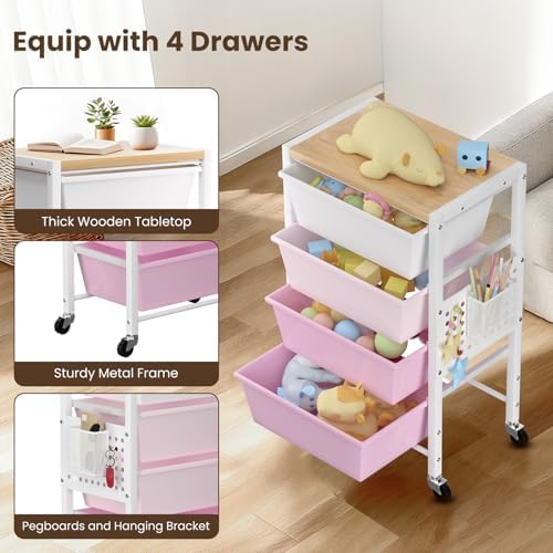 Rolling Cart with 4 Drawers, Plastic Drawer Storage Carts with Wheels & Wooden Tabletop, Metal Utility Cart with Pegboards, Office Living Room Classroom Craft Organization and Storage, Bright Pink - Image 5