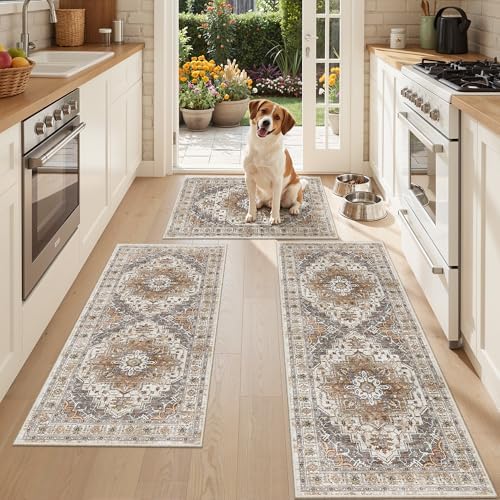 Madane Washable Kitchen Rug Set of 3 Small Area Rugs Non-Slip Turmeric/Grey by Madane