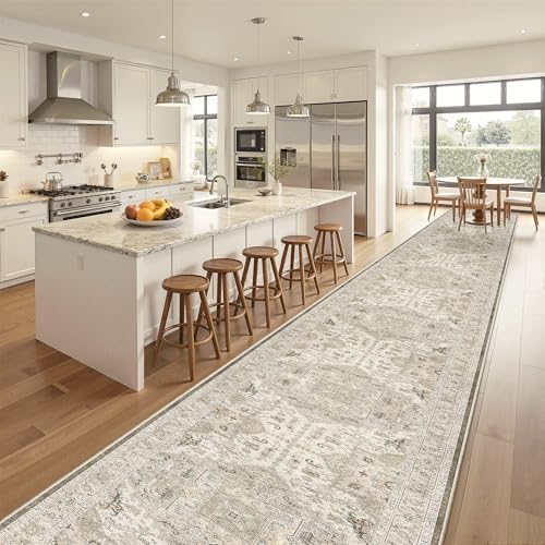 Madane Hallway Runner Rug 3x20 Washable Kitchen Runners 20ft, Ivory/Brown - Image 3