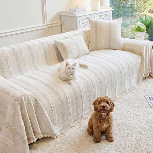 Couch Cover for Dogs Washable Sofa Cover, Sectional Couch Covers, Sofa Covers for 2 Cushion Couch, Non Slip Stripe Sofa Slipcovers Furniture Protector (Beige, 91 * 102) by Unknown
