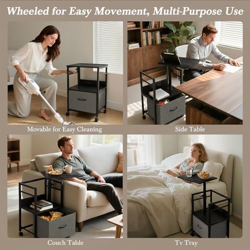 Faesun Swivel Lift Top Nightstand with Charging Station, Rolling Side Table for Recliner, Bedside Table with Wheels & a Fabric Drawer, for Small Spaces, for Bedroom, Living Room, Black Gray - Image 6