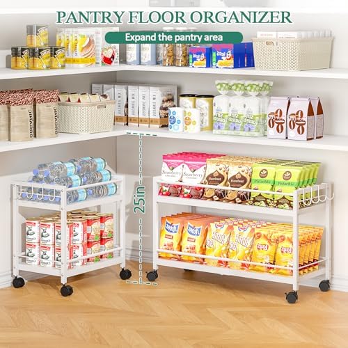 2-Tier Expandable Rolling Pantry Cart with Wheels, Adjustable Floor Organizer for Kitchen Pantry, Can Organizer for Pantry, Storage Cart for Snack, Food, Vegetables, White, Patent Pending - Image 4