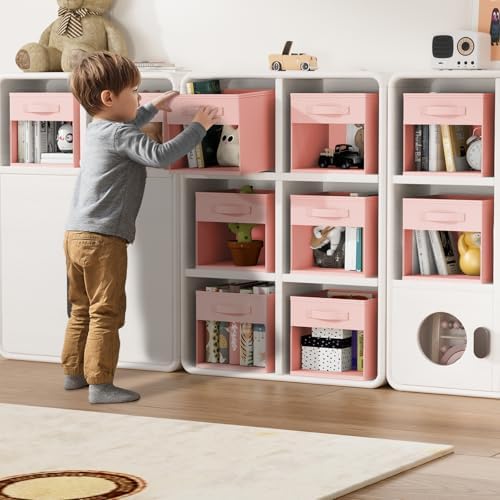 DIMJ Cube Bins, 12.2-Inch Storage Bins Cubes with Window, 6 Packs Collapsible Storage Bins with Handles, Closet Storage Baskets for Organizing Living Room, Office, 6 Pack,Pink - Image 4