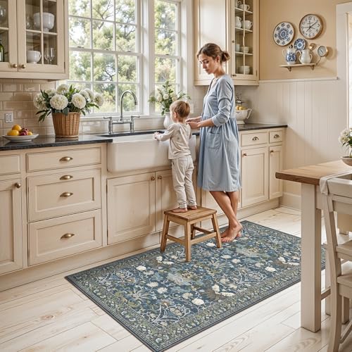 Washable 2x4 Entryway Area Rugs: Anti-Slip Thin Kitchen Carpet Indoor Light-Weight Doormat Ultra Soft Low Pile Nursery Room Rug Vintage Small Floor Mat for Hardwood Bedroom (2x4,Floral/Blue) - Image 4