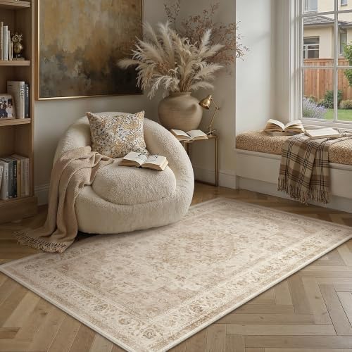 3x4 Beige Washable Area Rug Non Slip Vintage Carpet by WondRg
